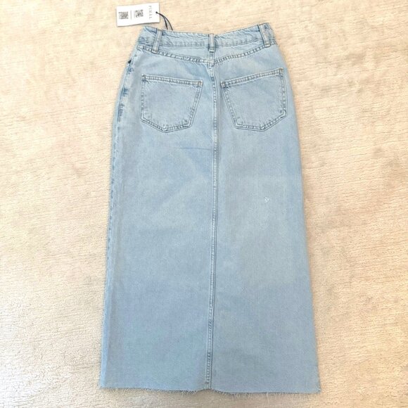 Light Blue Criss Cross Piral Denim Midi Skirt Size Small Front Slit WITH DEFECT - Picture 4 of 13